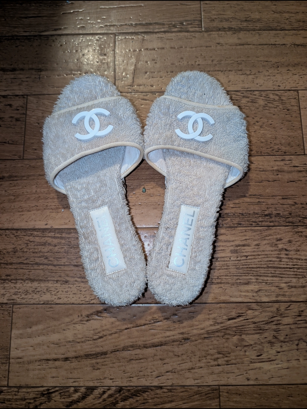 CHANEL Terry Slide Sandals with White CC Logo